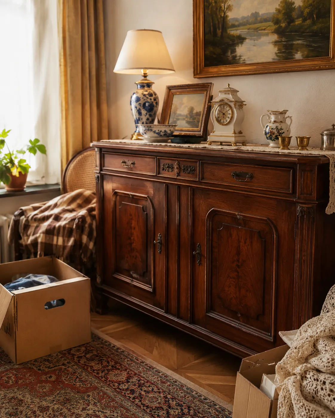 Ankauf von Antiquitäten – antikes Sideboard mit Lampe und Porzellan