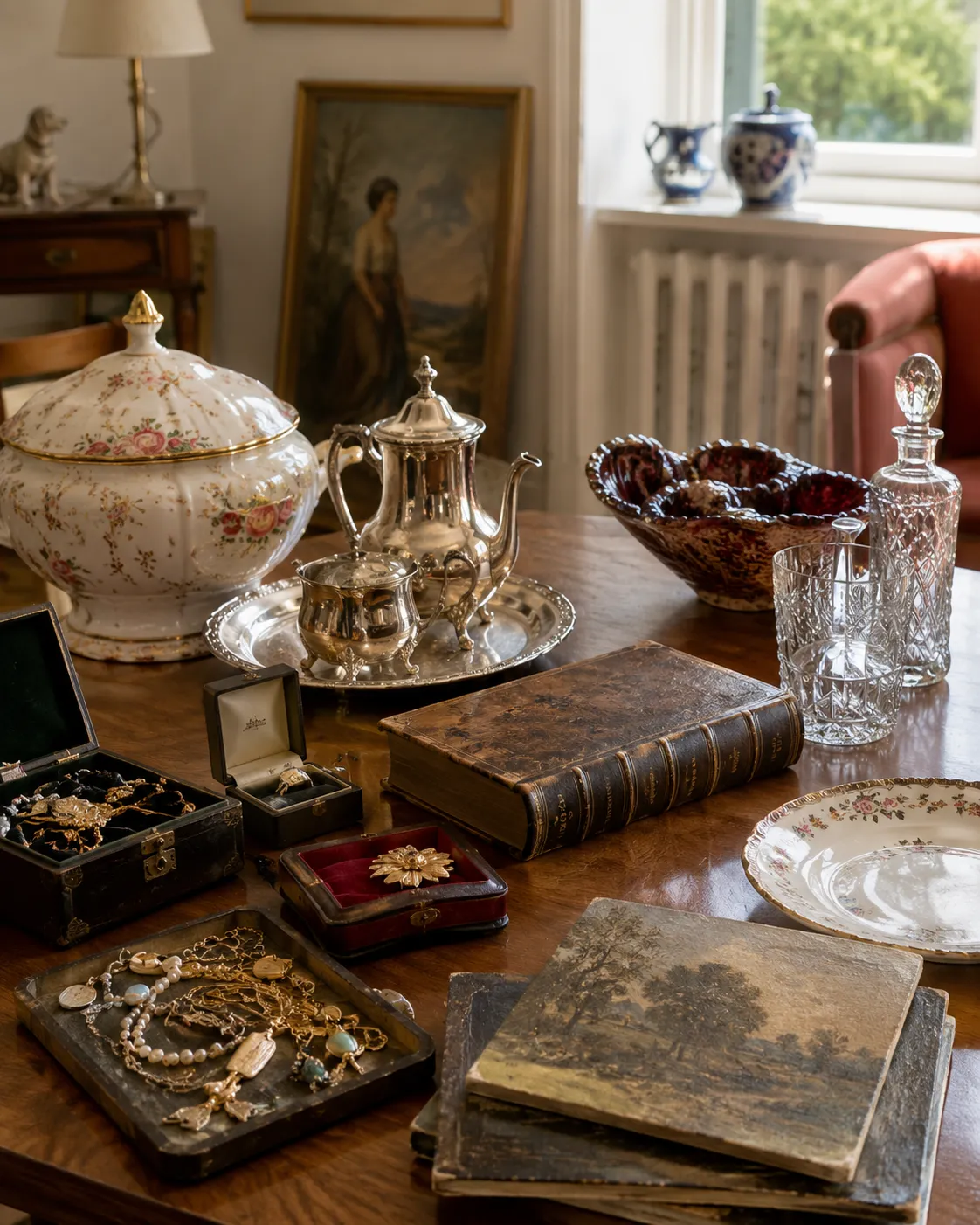 Anrechnung von Wertgegenständen – Schmuck, Silber und Antiquitäten auf einem Tisch